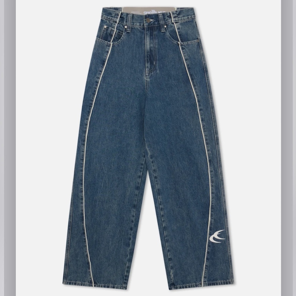 Wide Leg Dark Blue Denim Jeans with Contrast Seams